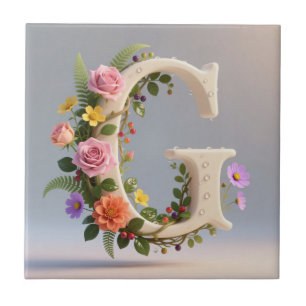 White Floral Garden Monogram Letter G Tile