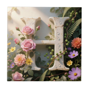 White Floral Garden Monogram Letter H Tile