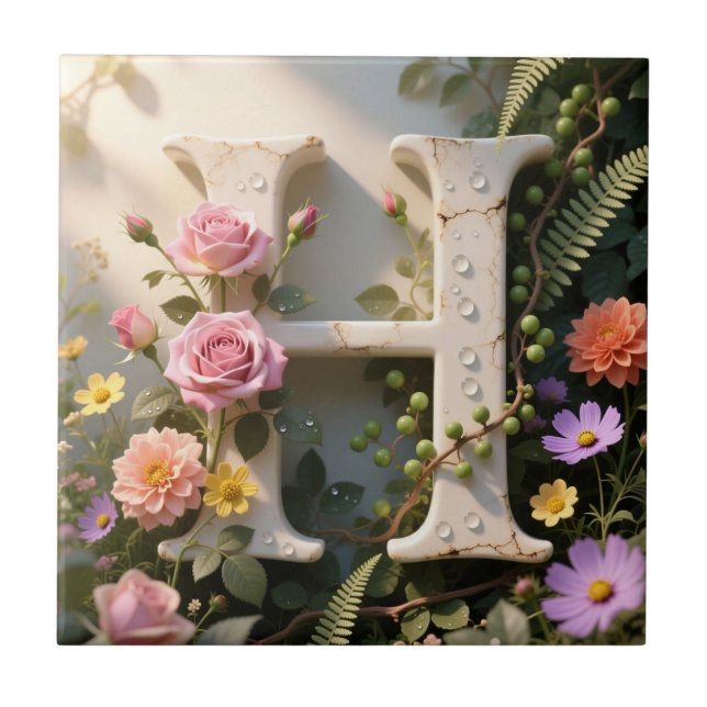 White Floral Garden Monogram Letter H Tile (Front)