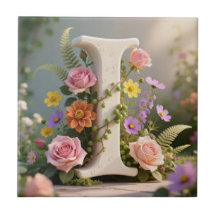 White Floral Garden Monogram Letter I Tile