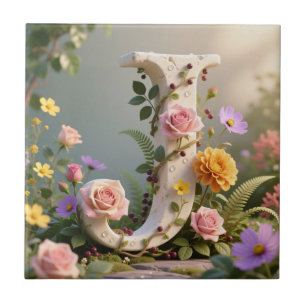 White Floral Garden Monogram Letter J Tile