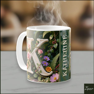 White Floral Garden Monogram Letter K Coffee Mug