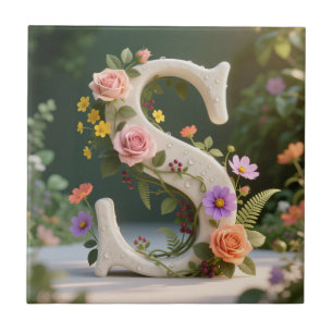 White Floral Garden Monogram Letter S Tile