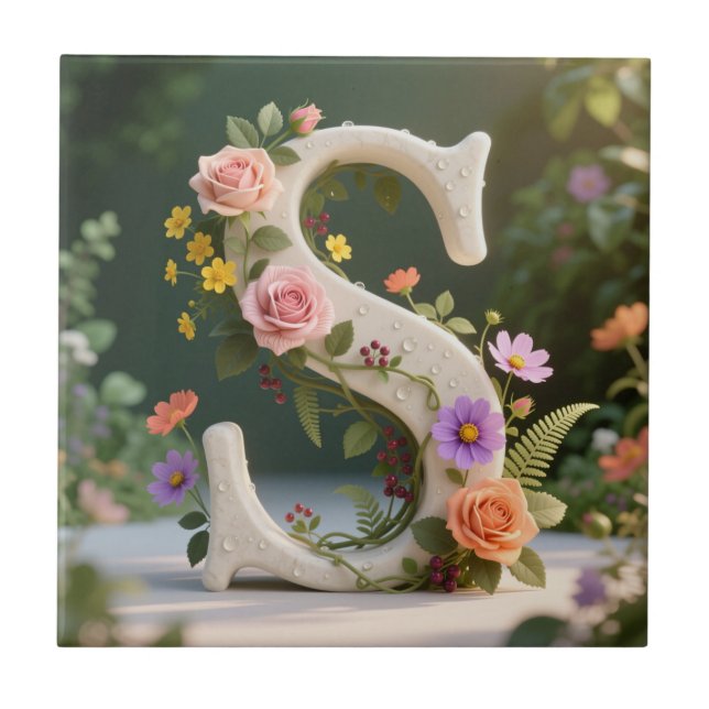 White Floral Garden Monogram Letter S Tile (Front)