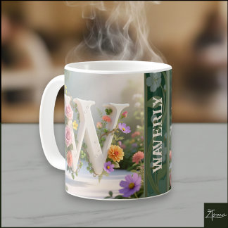White Floral Garden Monogram Letter W Coffee Mug