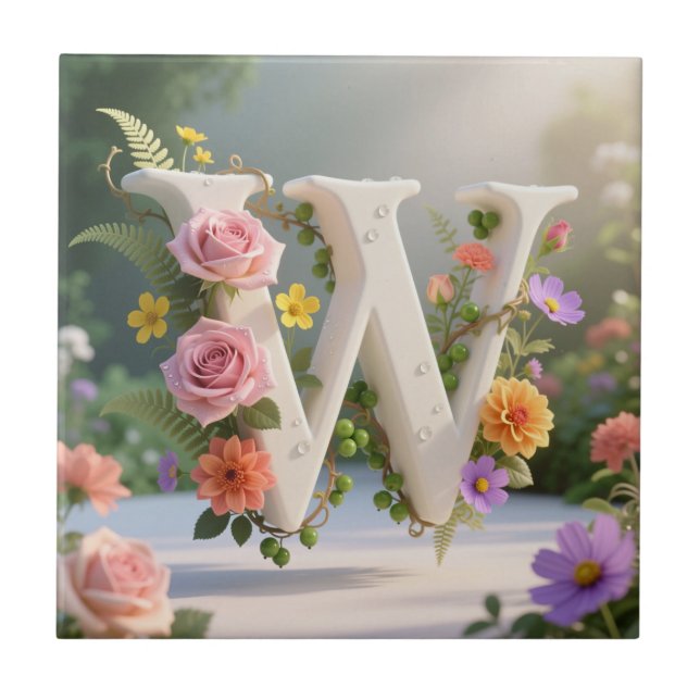 White Floral Garden Monogram Letter W Tile (Front)