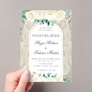 White Floral Garden Nuestra Boda Spanish Wedding Acrylic Invitations