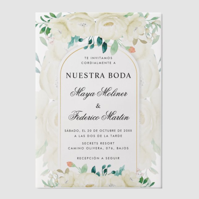 White Floral Garden Nuestra Boda Spanish Wedding Vellum Invitations (Front)