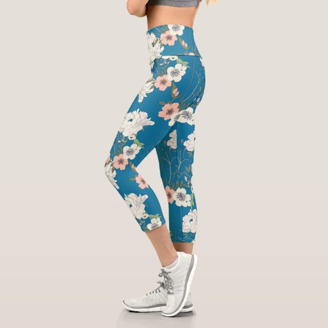 White Floral Garden Pattern Capri Leggings (Left)
