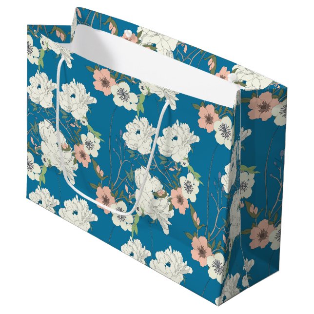 White Floral Garden Pattern Large Gift Bag (Front Angled)