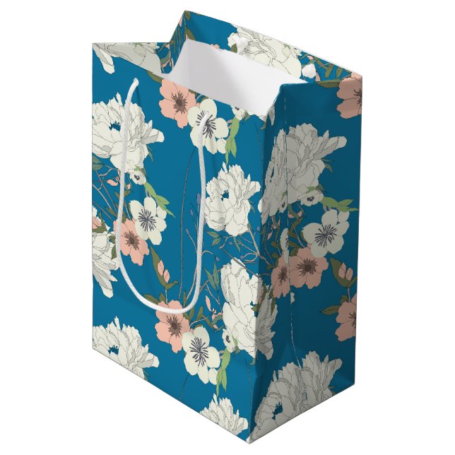 White Floral Garden Pattern Medium Gift Bag (Front Angled)