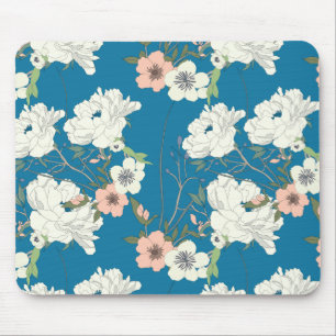 White Floral Garden Pattern Mouse Mat