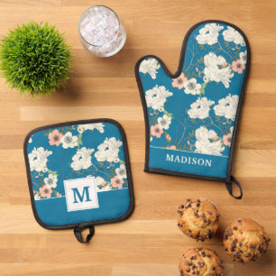 White Floral Garden Pattern Oven Mitt & Pot Holder Set