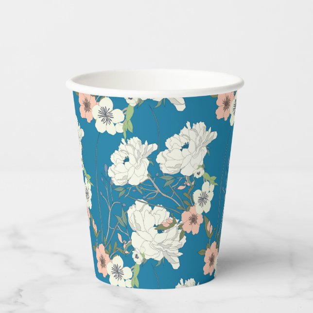 White Floral Garden Pattern Paper Cups (Front)