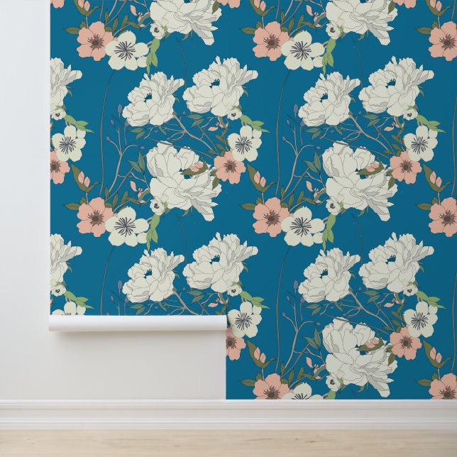 White Floral Garden Pattern Wallpaper (Application)