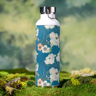 White Floral Garden Pattern Water Bottle