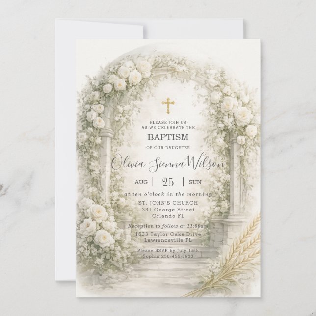 White Floral Garden Wheat Baptism Christening Invitation (Front)