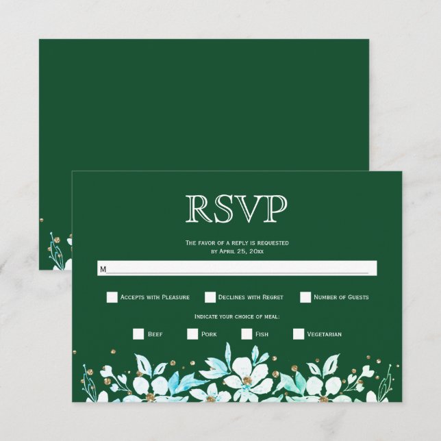 White floral garland and jewels green wedding RSVP card (Front/Back)