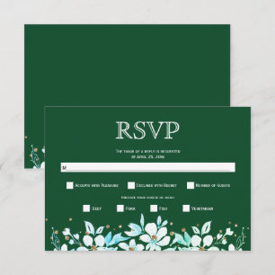 White floral garland and jewels green wedding RSVP card
