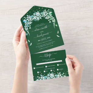 White floral garland emerald green wedding all in one invitation