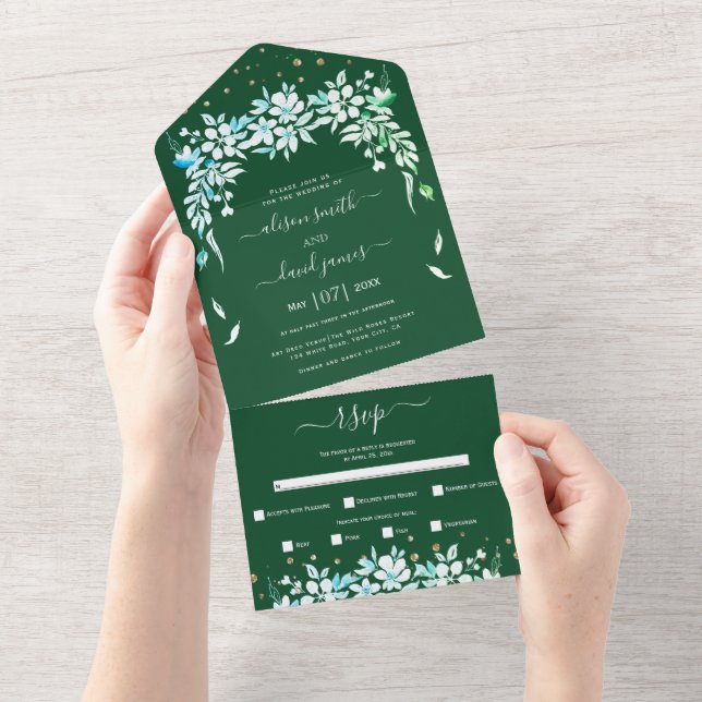 White floral garland emerald green wedding all in one invitation (Tearaway)