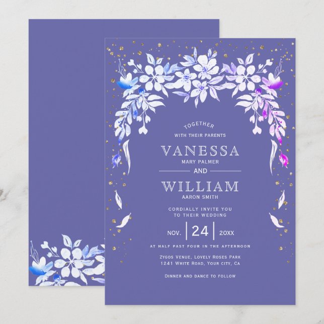 White floral garland periwinkle blue wedding invitation (Front/Back)