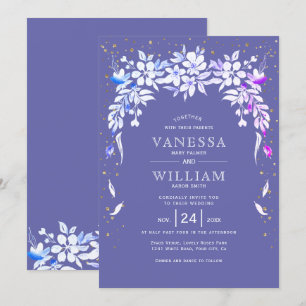 White floral garland periwinkle blue wedding invitation