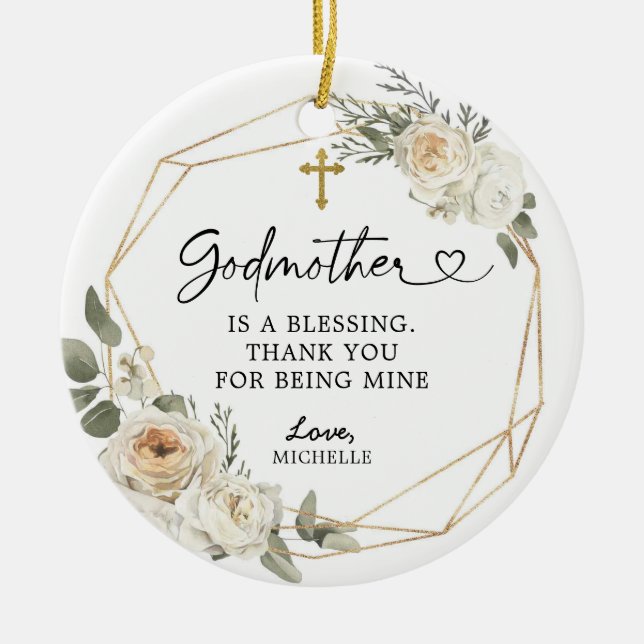 White Floral Geometric Godmother Christmas Gift Ceramic Tree Decoration (Front)