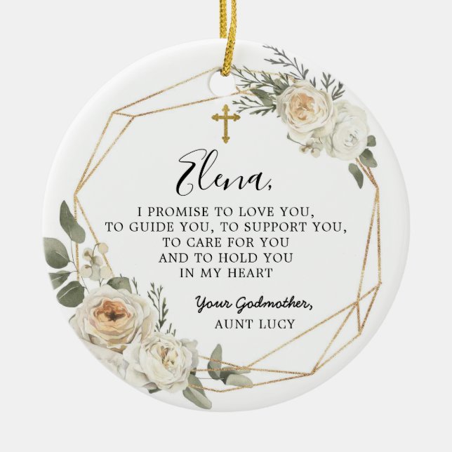 White Floral Geometric Godmother Promise Gift Cera Ceramic Tree Decoration (Front)