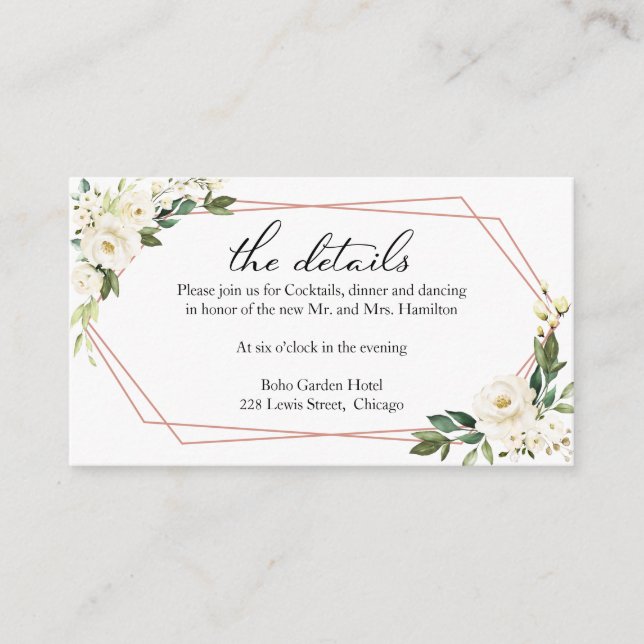White Floral Geometric Wedding Details Enclosure (Front)