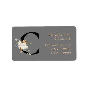 White Floral Gold Accents Monogram C Label