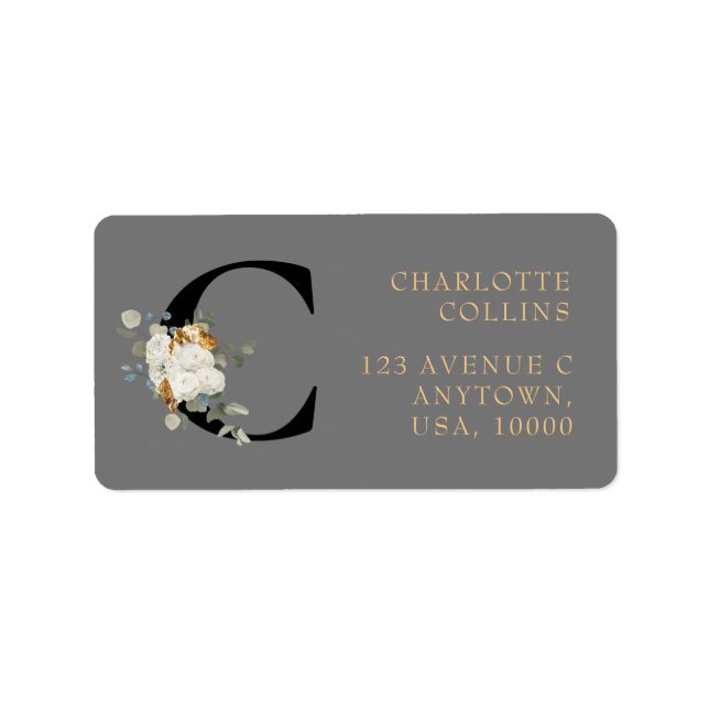  White Floral Gold Accents Monogram C Label (Front)