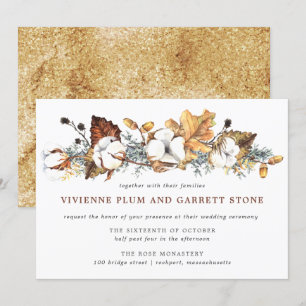 White Floral Gold Autumn Leaves Wedding Invitation