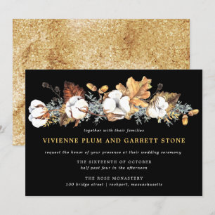 White Floral Gold Autumn Leaves Wedding Invitation