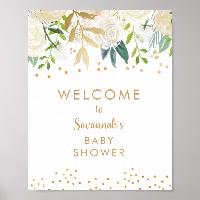 White Floral Gold Baby Shower Welcome Sign (Front)