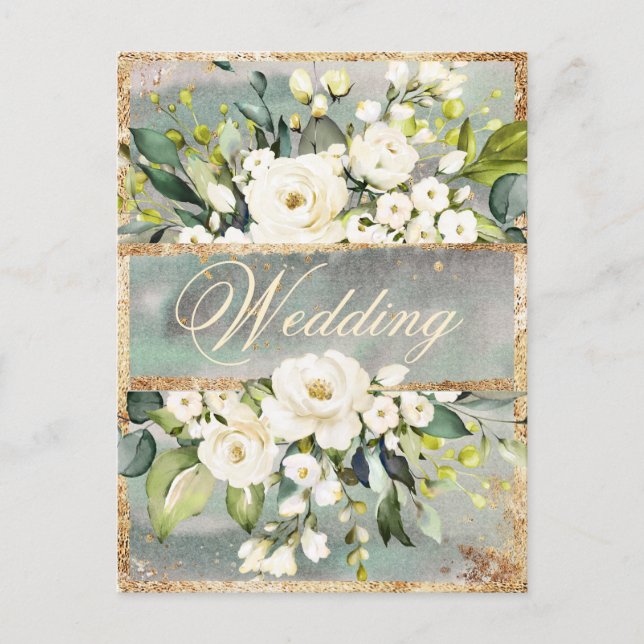 White Floral Gold Botanical Cream Ivory Wedding  Invitation Postcard (Front)