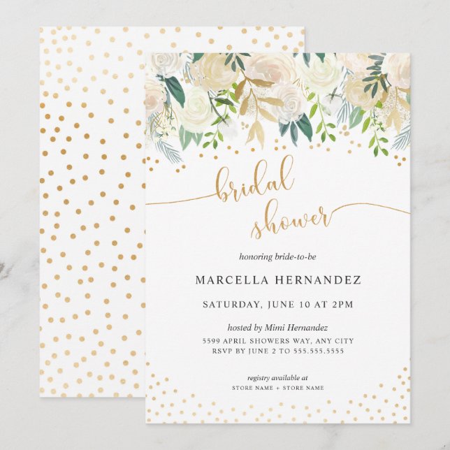 White Floral + Gold Bridal Shower Invitation (Front/Back)