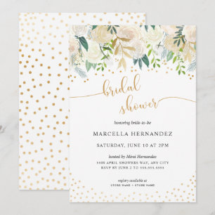 White Floral + Gold Bridal Shower Invitation
