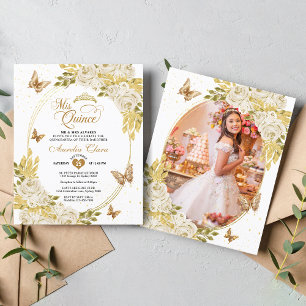 White Floral Gold Butterfly Photo Quinceañera