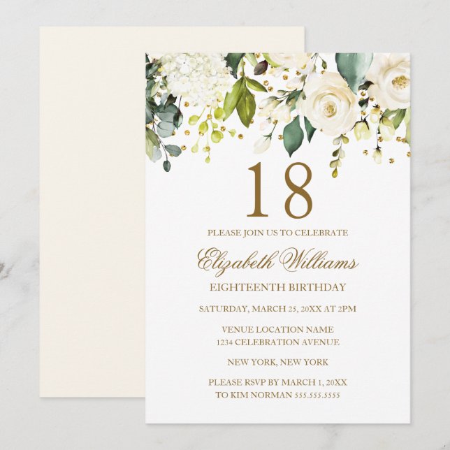 White Floral Gold Confetti 18th Birthday Invitation (Front/Back)