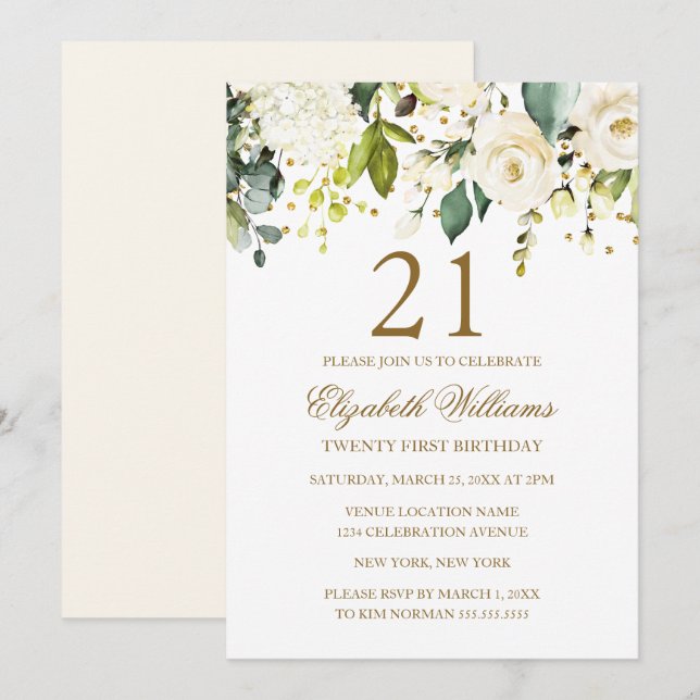 White Floral Gold Confetti 21st Birthday Invitation (Front/Back)