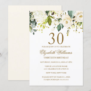 White Floral Gold Confetti 30th Birthday Invitation