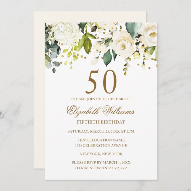 White Floral Gold Confetti 50th Birthday Invitation (Front/Back)