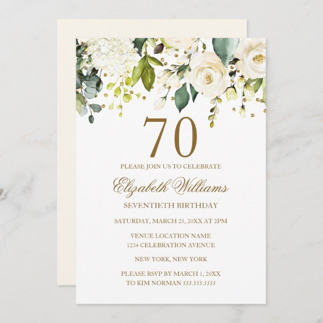 White Floral Gold Confetti 70th Birthday Invitation (Front/Back)