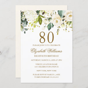 White Floral Gold Confetti 80th Birthday Invitation