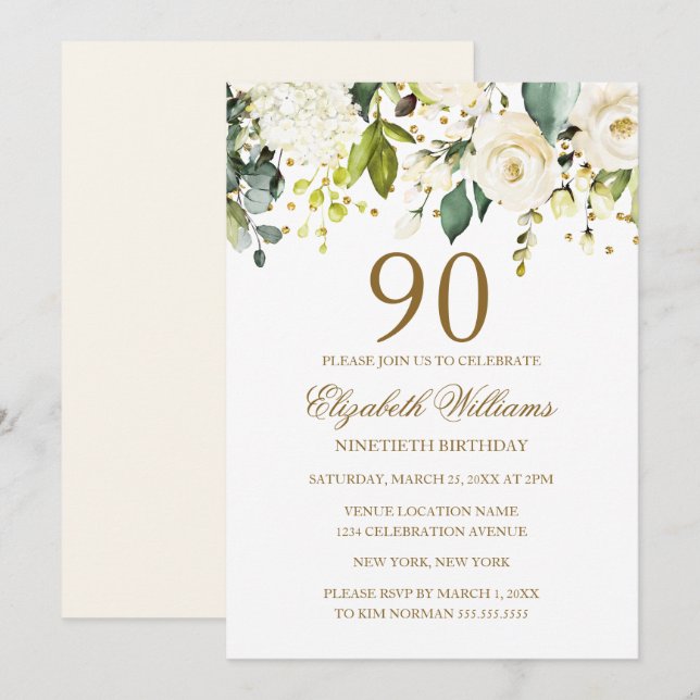 White Floral Gold Confetti 90th Birthday Invitation (Front/Back)