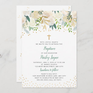 White Floral Gold Confetti Baptism invitation