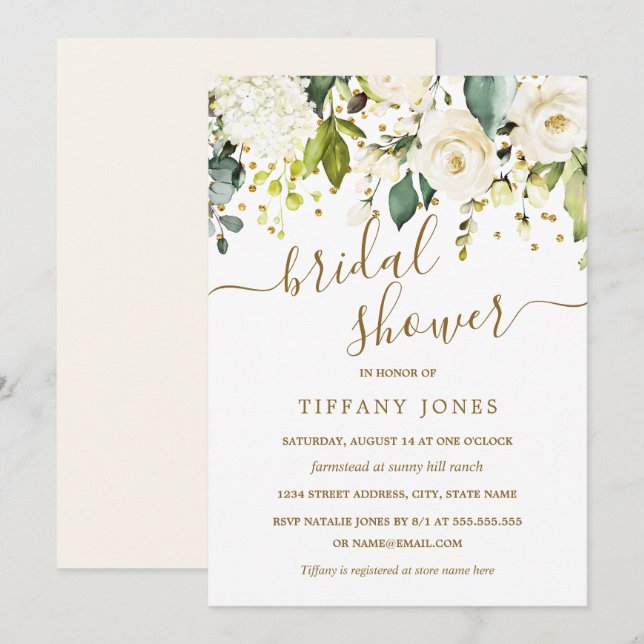 White Floral Gold Confetti Bridal Shower Invitation (Front/Back)