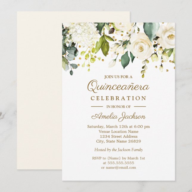 White Floral Gold Confetti Quinceanera 15th Invitation (Front/Back)