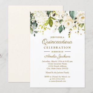 White Floral Gold Confetti Quinceanera 15th Invitation